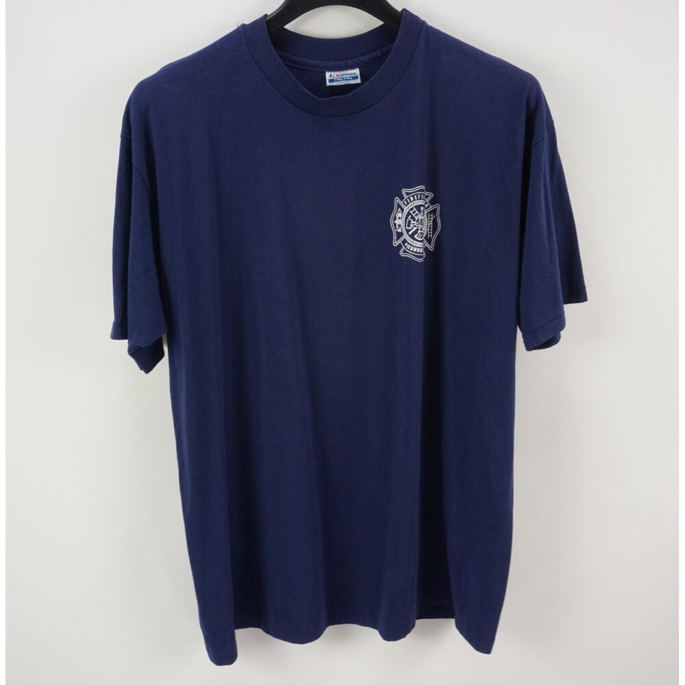 Vintage 1980s Single Stitch Firefighter Shirt Men 2XL Blue Graphic Piedmont Park